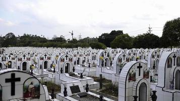 le cimetière public contient des tombes identiques en céramique blanche avec des fleurs. photo