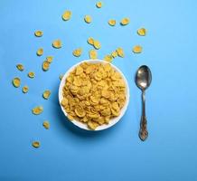 cornflakes dans une assiette en céramique blanche et une cuillère en fer photo