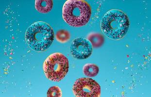 des beignets multicolores sucrés lévitent sur un fond bleu, des pépites de sucre volent autour photo