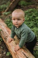 portrait d'un mignon petit garçon tenant une bûche dans le contexte d'une forêt verte. panier de citrouille pour les bonbons au premier plan. marcher et jouer en plein air. notion d'Halloween. photo de haute qualité