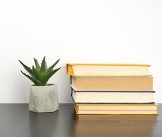 empiler livres sur une noir table et une céramique pot avec une vert plante photo