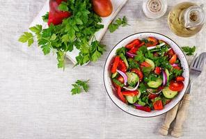 tomate et concombre salade avec rouge oignon, paprika, noir poivre et persil. végétalien aliments. régime menu. Haut voir. plat allonger