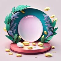 numérique 3d illustration de une podium avec œufs, fleurs, et feuillage ornements pour produit afficher photo