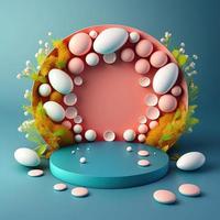 numérique 3d illustration de une podium avec Pâques œufs, fleurs, et verdure ornements pour produit afficher photo