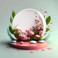 3d illustration de une podium avec Pâques œufs, fleurs, et verdure décoration pour produit afficher photo