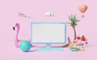 ordinateur moniteur avec palmiers, plage chaise, gonflable Flamingo,nuage,monde,parapluie,palm,avion isolé sur rose Contexte. été Voyage vacances conception, 3d illustration ou 3d rendre photo