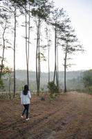 une Jeune femme sans pour autant une visage dans une blanc robe des promenades dans une pin forêt jardin. photo