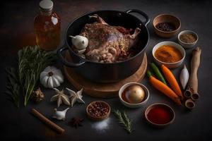 Ingrédients pour rôti porc articulation dans casserole avec épices photo
