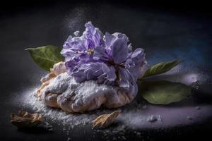 fait maison et savoureux frit lilas fleur avec en poudre sucre nourriture la photographie photo