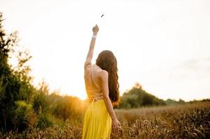 une fille avec longue cheveux et une blanc arc des stands dans une Jaune jupe dans une champ avec épillets photo