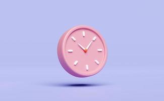 dessin animé personnage rose alarme l'horloge Réveillez-vous temps Matin avec espace isolé sur violet ou violet Contexte. minimal conception concept, 3d illustration ou 3d rendre photo
