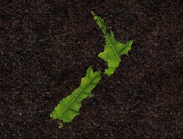 Nouveau zélande carte fabriqué de vert feuilles sur sol Contexte écologie concept photo