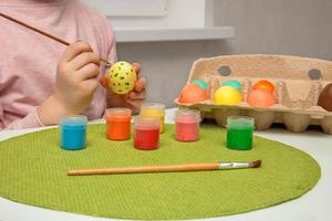 enfants mains peindre avec des peintures et Pâques des œufs et mettre leur dans une récipient photo