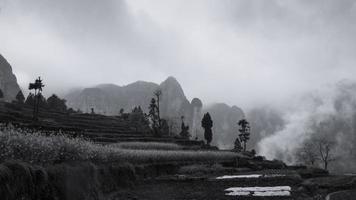 montagnes dans brouillard lequel Regardez comme chinois l'eau encre La peinture photo