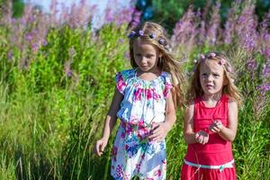 peu sœurs ayant amusement en plein air sur le Prairie photo