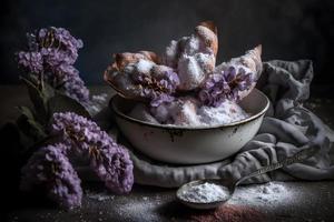 fait maison et savoureux frit lilas fleur avec en poudre sucre nourriture la photographie photo