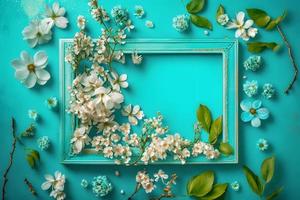 magnifique printemps la nature Contexte avec charmant fleurir, pétale une sur turquoise bleu Contexte Cadre photo