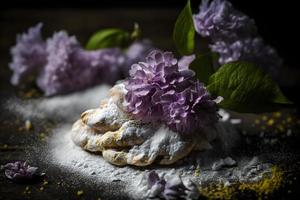 fait maison et savoureux frit lilas fleur avec en poudre sucre nourriture la photographie photo