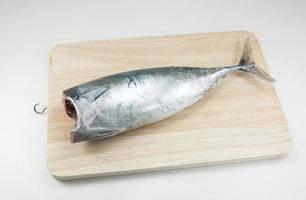thon poisson brut sur en bois sol sur blanc Contexte photo