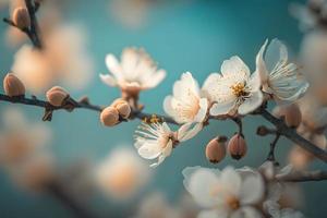 Photos magnifique floral printemps abstrait Contexte de la nature. branches de épanouissement abricot macro avec doux concentrer sur doux lumière bleu ciel Contexte