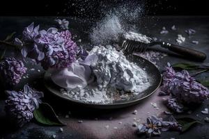 préparation pour frit lilas fleur avec en poudre sucre. sucré dessert la photographie photo