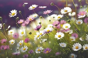 Prairie avec beaucoup de blanc et rose printemps Marguerite fleurs dans ensoleillé journée photo