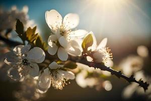 Photos printemps épanouissement - blanc fleurs et lumière du soleil dans le ciel, la photographie