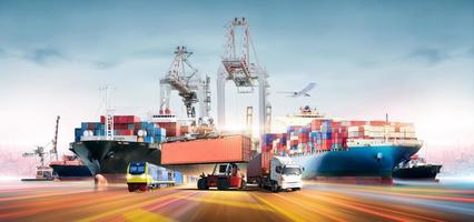 global affaires logistique transport importer exportation et international Commerce concept, logistique Distribution de conteneurs cargaison cargaison bateau, former, un camion et avion, transport industrie Contexte photo