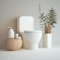 minimaliste salle de bains maquette avec Naturel bois meubles, toilette bol et une blanc Couleur régimes. photo