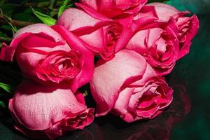 bouquet de des roses pour le vacances. aux femmes jour, la Saint-Valentin jour, Nom journée. sur une foncé Contexte. photo