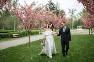 jeunes mariés marcher dans le parc parmi Cerise fleurs photo