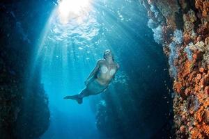 sirène nageant sous l'eau dans la mer d'un bleu profond photo