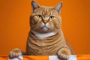 portrait portrait de une chat Écossais tout droit avec une bannière dans pattes sur une Orange Contexte la photographie photo