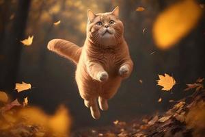 portrait marrant rouge chat en volant dans le air dans l'automne la photographie photo