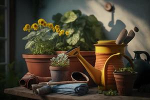 photo jardinage - ensemble de outils pour jardinier et pots de fleurs dans ensoleillé jardin, la photographie