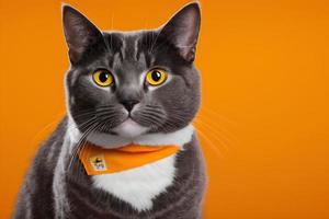 portrait portrait de une chat Écossais tout droit avec une bannière dans pattes sur une Orange Contexte la photographie photo