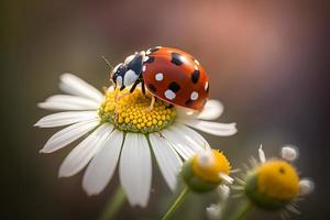 photo rouge coccinelle sur camomille fleur, coccinelle rampe sur tige de plante dans printemps dans jardin dans été, la photographie