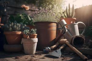 photo jardinage - ensemble de outils pour jardinier et pots de fleurs dans ensoleillé jardin, la photographie