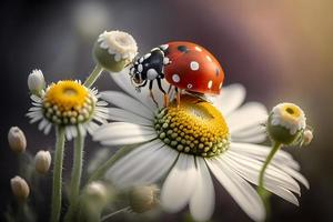 photo rouge coccinelle sur camomille fleur, coccinelle rampe sur tige de plante dans printemps dans jardin dans été, la photographie