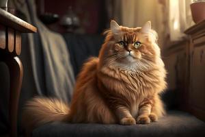 portrait de une marrant magnifique rouge duveteux chat dans le intérieur, animaux domestiques la photographie photo