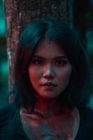 un asiatique femme dans noir vêtements enduit sa corps avec rouge du sang avant le rituel commence dans de face de une gros arbre photo