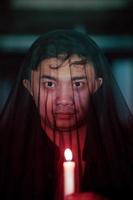 un asiatique homme avec une transparent capuche couvert dans du sang détient une bougie dans le sien main avec une très effrayant expression photo