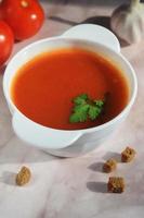 verticale encore la vie de une assiette avec tomate soupe, tomates, Ail et chapelure photo