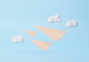 Trois bleu papier avion avec des nuages minimal dessin animé mignonne lisse. Créatif vision direction concept. 3d rendre illustration photo