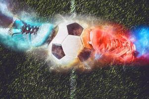 deux football joueurs défi chaque autre à le stade avec électrique énergie effets photo