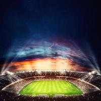 Haut vue de une football stade à nuit avec le lumières sur. 3d le rendu photo