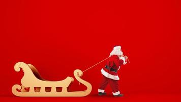 Père Noël claus traîne une gros d'or traîneau sur une rouge Contexte photo