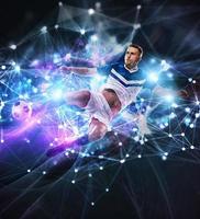 Football scène avec football joueur dans de face de une futuriste numérique Contexte photo