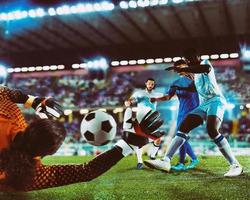 football joueurs jouer contre le opposé équipe avec ballon de football à le stade photo