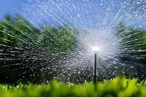 l'eau éclaboussure vaporisateur à le herbe ou jardin champ pourrait être de tuyau ou jardin arroseur. arrosage le plante. photo